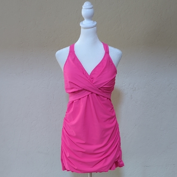 NEW Amazon (Aleumdr) Hot Pink Retro Tummy Control Tankini/Swim Dress Size XL - Picture 4 of 13